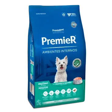 Racao Premier Ambientes Internos Caes Adultos Racas Pequenas Frango e Salmao 12kg lateral